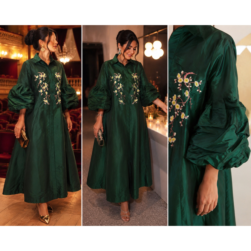 Artisan Embroidered Emerald Silk Taffeta Maxi Dress Statement Balloon Sleeves L